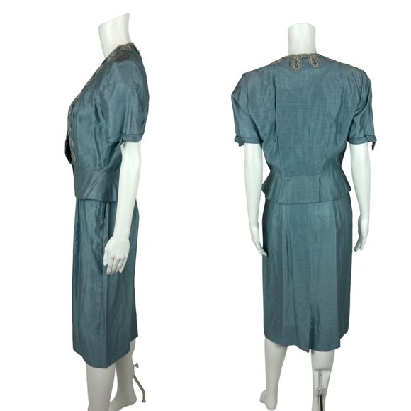 Vintage 1950s Dress Set Women's Small Faux Silk Blue Cocktail Outfit - Picture 8 of 15
